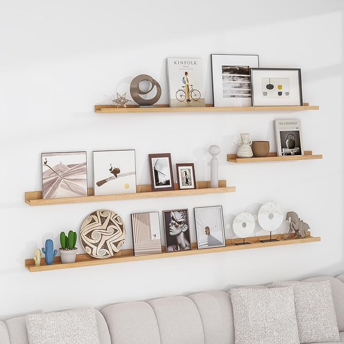 Picture Ledge Shelf, 72 inch Solid Ash Wood Floating Shelves Set of 2, Picture Ledge Photo Ledge Wall Mounted for Living Room Kids' Room Bedroom, Color Natural