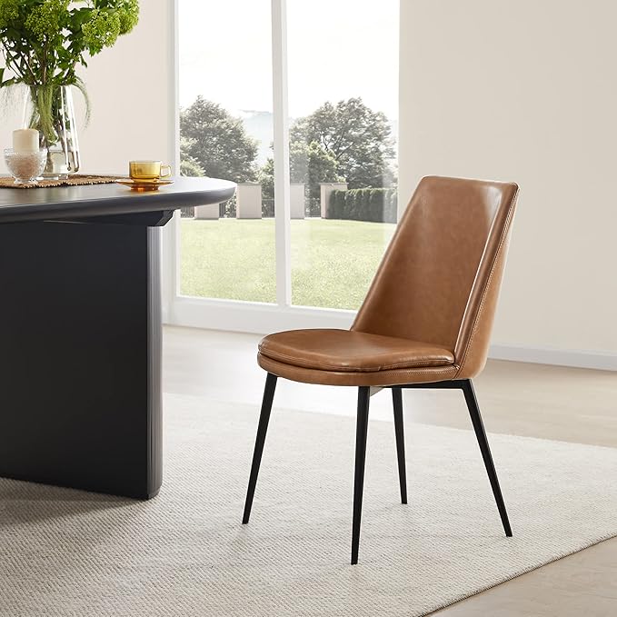 CHITA Mid-Century Padded Dining Chair, Modern Upholstered Faux Leather Dining Room Chair Set of 2 with Metal Legs,Saddle Brown