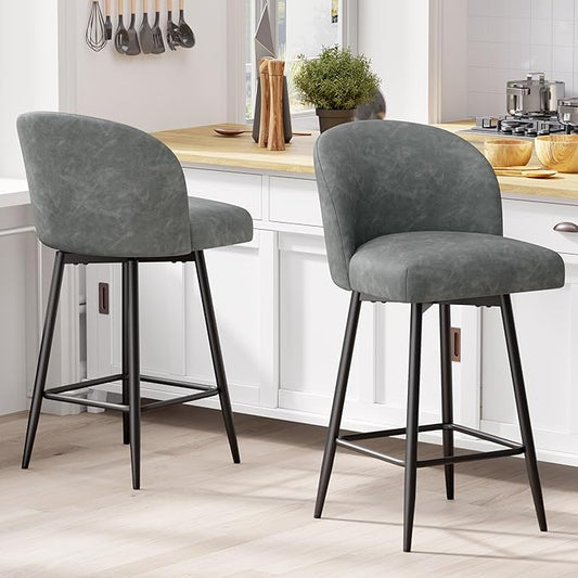Counter Height Bar Stools Set of 2,360° Swivel Barstools with High Back and Metal Legs,26" Seat Height, Upholstered PU Leather Bar Chairs for Kitchen Island, Dining Room,Cafes,Grey