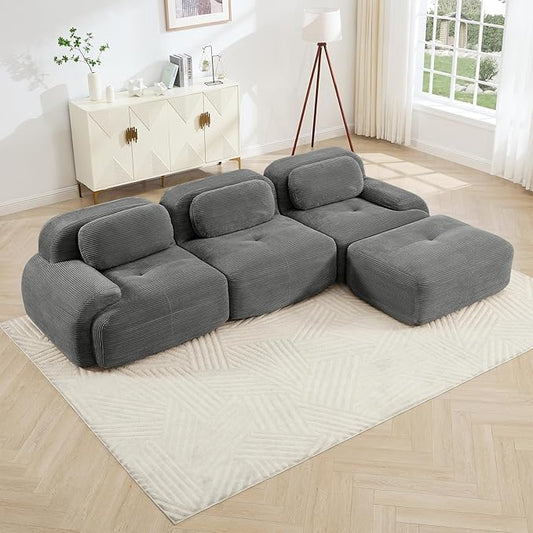 116" Modern Corduroy Cloud Sofa with Ottoman, L Shaped Boneless Modular Large Sectional Couches for Living Room, Gray 3 Seater Compressed Memory Foam Couch, Extra Deep Seat, No Assembly