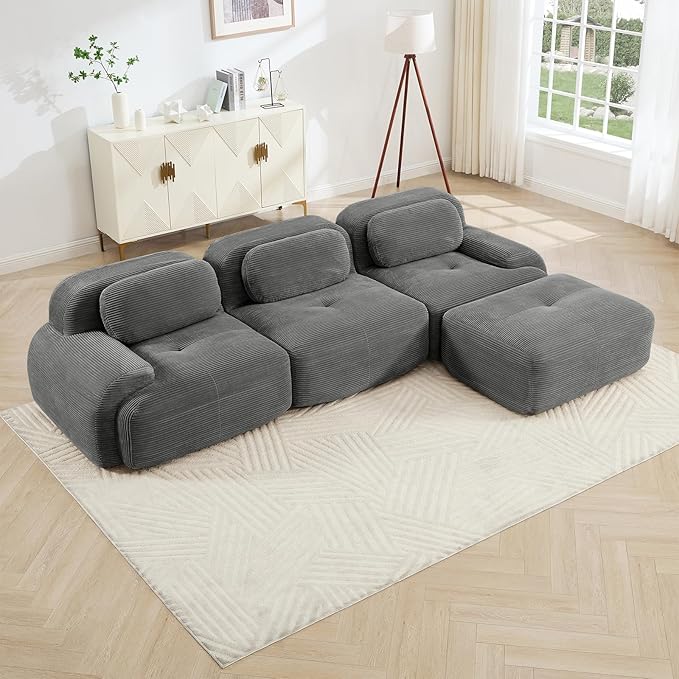 Gray Ottoman for Modular Sectional Sofa, Corduroy Deep Seat for Oversized Compressed Boneless Sectional Couches for Living Room Bedroom Apartment, Cloud Sofa Couch, Memory Foam, No Assembly