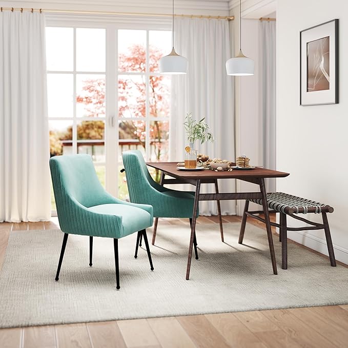 Velvet Dining Chairs Set of 2,Green Upholstered Living Room Chairs with Black Metal Legs, Modern Tufted Accent Chairs for Living Room, Study Room, Kitchen