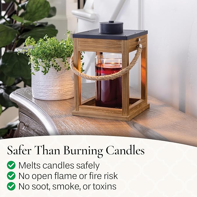 Candle Warmers Etc. Wood & Rope Candle Warmer Lantern – for Top-Down Warming & Flame-Free Fragrance