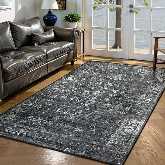 Lahome Washable Black 4x6 Area Rugs for Living Room Bedroom, Boho Vintage Non Slip Stain Resistant Floor Dining Room Carpet for Office Entrance Decor