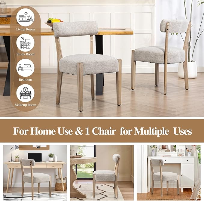 Dining Chairs,Set of 6 Mid-Century Modern Wooden Kitchen Chairs with Linen Upholstery - Low-Back Woven Design for Kitchen & Dining Room,Oatmeal Fabric