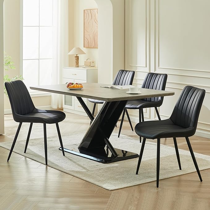 Dining Chairs Set of 6, Faux Leather Modern Linear Design Dining Chair with Metal Legs, 16.9" Seat Width Chair for Kitchen, Lounge, Reception Room, Restaurant, Commercial (Black)