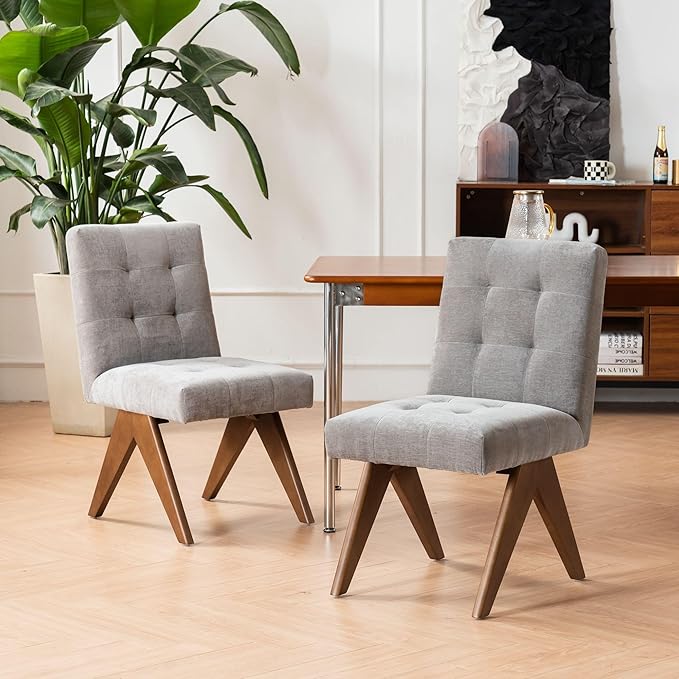 Rowill Modern Upholstered Dining Chairs Parsons Chair Linen Fabric Kitchen Chairs Tufted Armless Dining Room Chairs with Wood Legs Set of 6, Light Grey