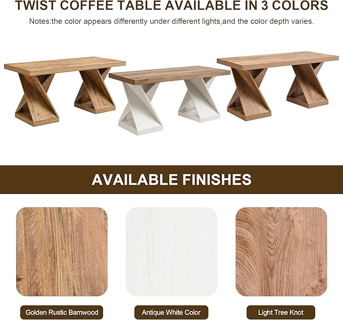 OKD Modern Coffee Table, 48" Twisted Center Table with Wood Thickened Pedestal, Rectangular Rustic Living Room Table, Farmhouse Storage Low Cocktail Tea Table, Antique White