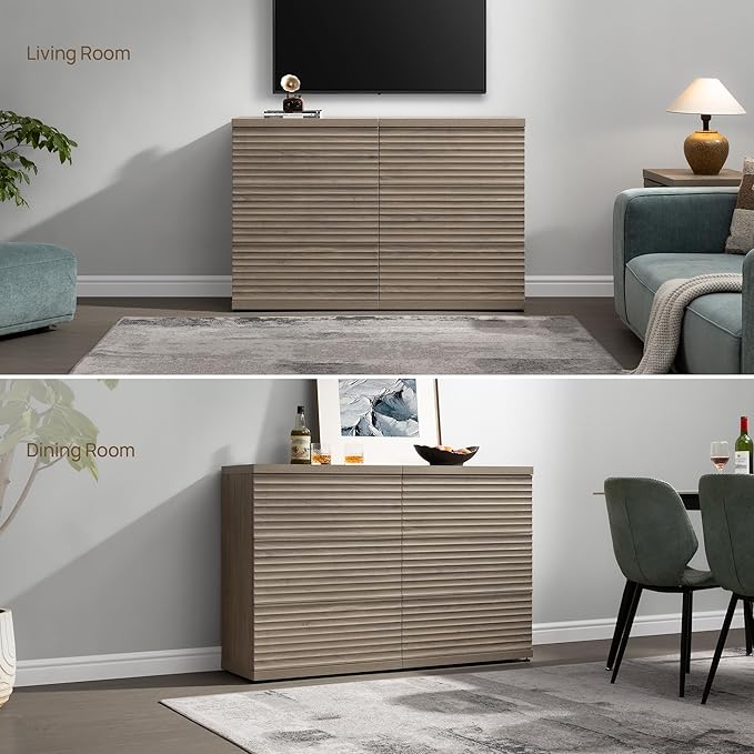 SICOTAS Sideboard Buffet Cabinet with Storage, Modern Credenza Storage Cabinet with 3 Larger Drawers, Fluted Media Console Mid Century Coffee Bar Table for Living Room Kitchen Hallway, Grey Alder