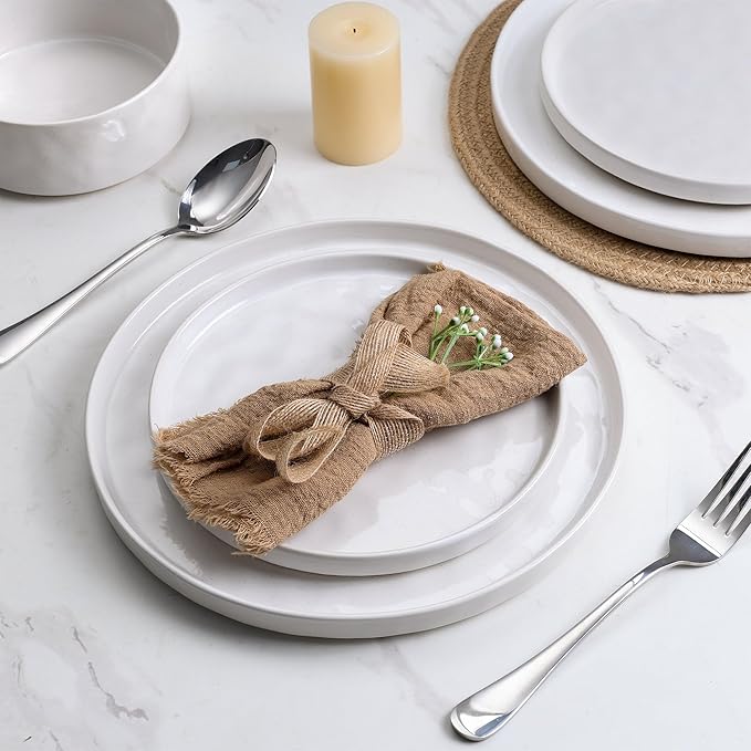 LIANYU 24 Piece Dinnerware Sets for 8, Stoneware Plates and Bowls Dish Set, Kitchen Dinner Ware Speckled Dining Dishware, Microwave & Dishwasher Safe, Polar White