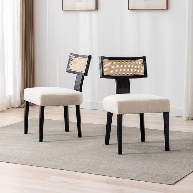 Rattan Dining Chairs Set of 6, Modern Dining Chair Kitchen Dining Room Chair, Curved Cane Back Upholstered Linen Fabric Dining Chair with Black Wood Frame, Beige