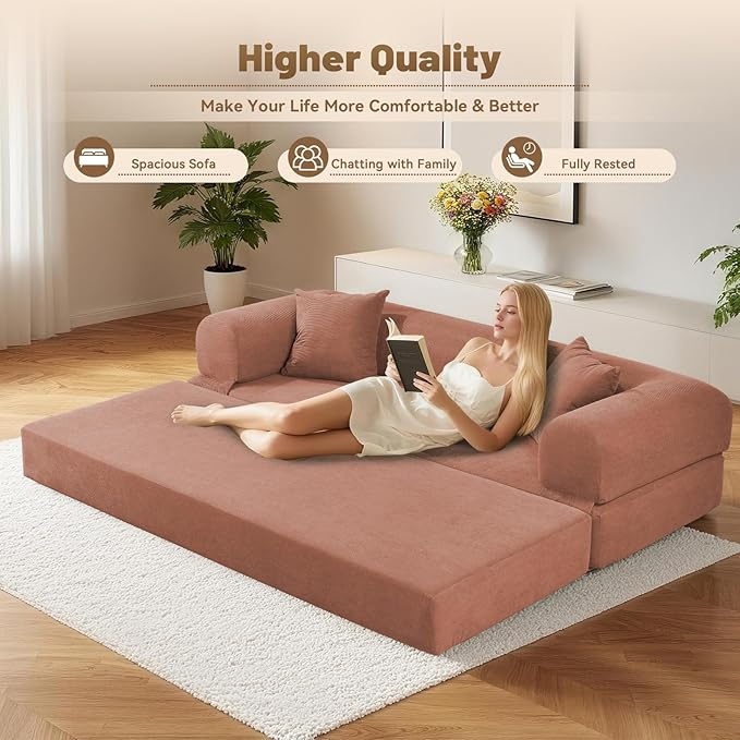 Convertible Futon Sofa Bed,80" Folding Pull Out Couch Bed with Pillows & Storage Pocket, Oversized Queen Sleeper Sofa in a Box,Corduroy Boneless Couch for Living Room,Pink