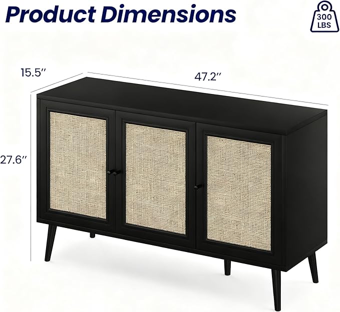 47" Rattan-Door Sideboard Cabinet with Shelf, 3-Door TV Stand Credenza Buffet with Generous Storage, Modern Accent Cabinet for Living Room & Kitchen, Black