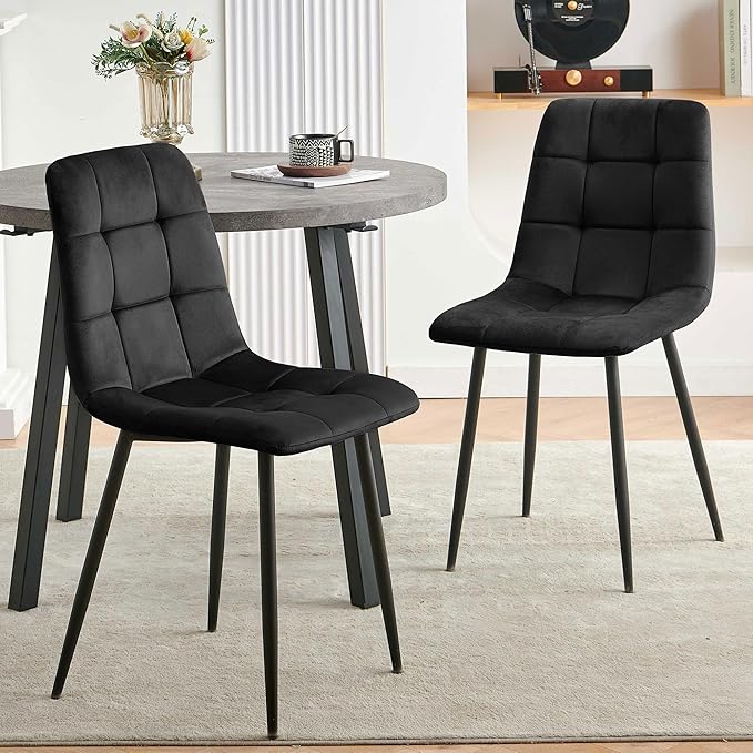 NORDICANA Dining Chairs Set of 2, Upholstered Kitchen Chairs, Black Velvet Side Chairs with Comfortable Cushions & Metal Legs