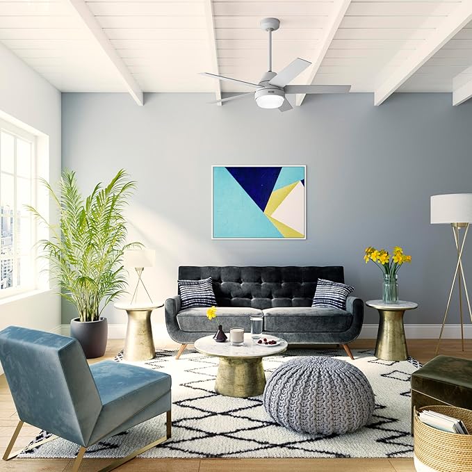 Hunter 52 inch Indoor Ceiling Fan with LED Light and Remote Control - Modern Smart Ceiling Fan, Standard Mount, 5 Blades, For Bedroom, Living Room, or Kitchen, Quiet - Aerodyne 52614, Dove Grey