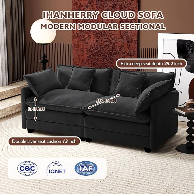 Ihanherry Cloud Sofa 77 Inch Loveseat, Modern Sectional Couch, 2-Seats Sofa for Living Room Bedroom and Apartment, Comfy Double Layer Upholstered Seat Cushion, Breathable Chenille Fabric, Black