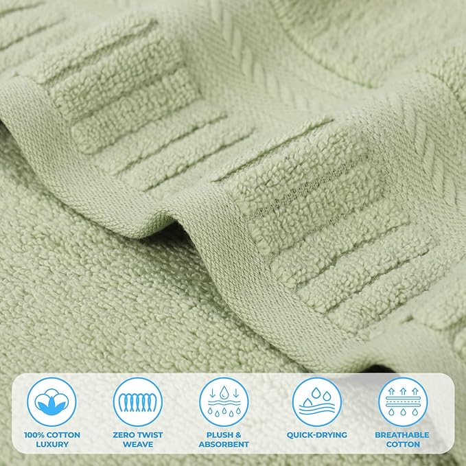 Superior Venice Zero Twist Cotton Medium Weight Towels, for Guest Bath, Bathroom, Shower, Spa, Plush Towels, Bath Essentials, Ribbed Textured Border, Bath Towels, Set of 2, Green