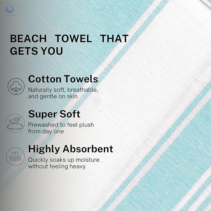 Cotton Turkish Beach Towel with Towels Oversized 36"x72" Pool Absorbent Extra Large Quick Dry Sand Travel Towel (Aqua Blue, 2 Pack)