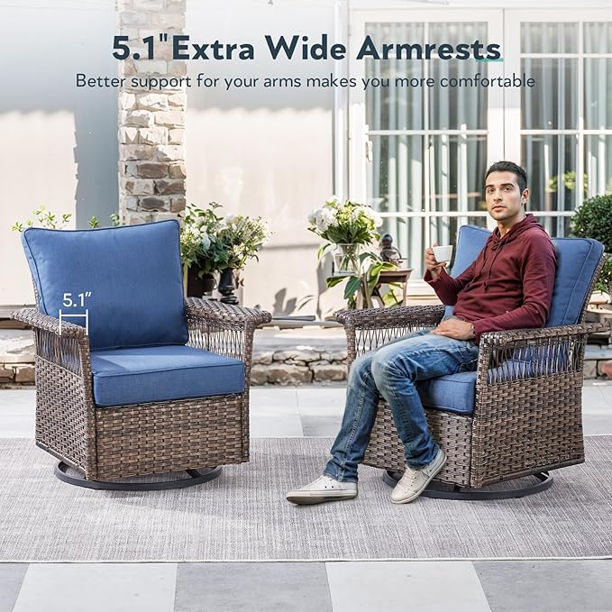 5 Pieces Wicker Patio Furniture Set - Hollow Widen Armrests Outdoor Swivel Glider Chairs and 3 Seat Sofa with Coffee Table & Side Table for Balcony Porch Deck and Yard - Brown/Blue