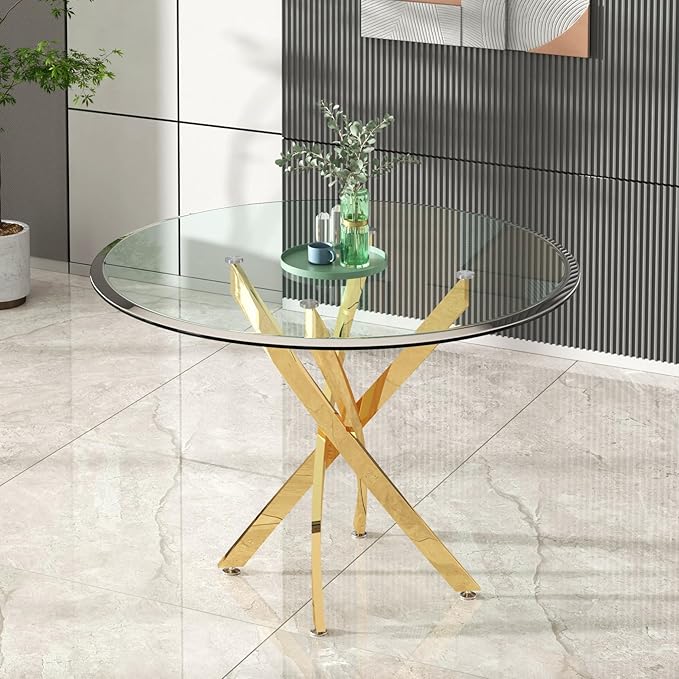 Goujxcy 5 Piece Round Glass Dining Table Set for 4, 36" Round Dining Table & Chair Set Modern Circle Glass Kitchen Table and 4 Velvet Upholstered Chairs for Kitchen Dining (Gold Table & Black Chair)