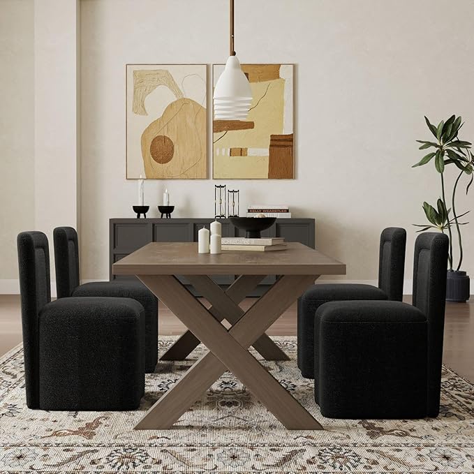 Black Upholstered Dining Chairs Set of 2, Armless Modern Sherpa Dining Chairs with High Back, Kitchen Chair for Dining Room/Restaurant/Living Room