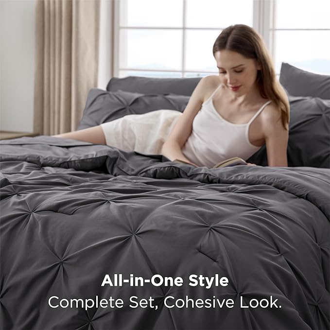 Bedsure California King Comforter Set - Bed in a Bag Cal King Bedding Set 7 PCS, GentleSoft™ Pintuck Bed Set Gift for Family, Pinch Pleat Dark Grey Comforter with Sheets, Pillowcases & Shams