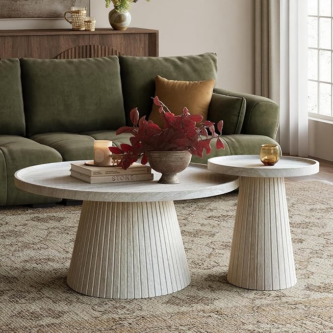 win2win Nesting Coffee Table Set of 2, Modern Fluted Coffee Table with Faux Stone Veneer, Travertine Round Tea Table and End Table Set, Minimalist Center Tables for Living Room, Office, Stone
