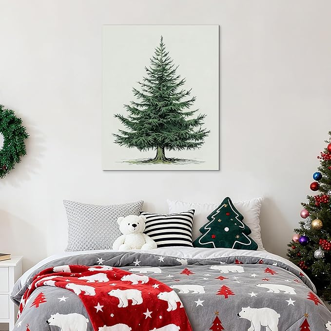 Framed Christmas Pictures Wall Decor,Vintage Pine Tree Prints,Winter Christmas Canvas Wall Art Decoration for Bedroom Bathroom Living Room Rustic Xmas Holiday Gifts (Christmas Tree 5, 20'' X 32'')