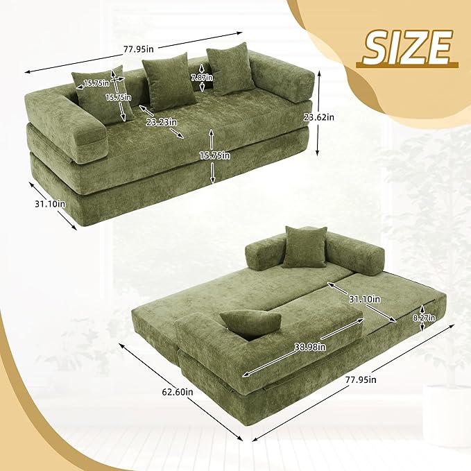 Comfy Convertible Folding Mattress Couch, Floor Sofa Bed, Chenille Floor Sofa with Armrest, Floor Sofa Lounge Couch for Living Room Bedroom Lounge Studio-Green