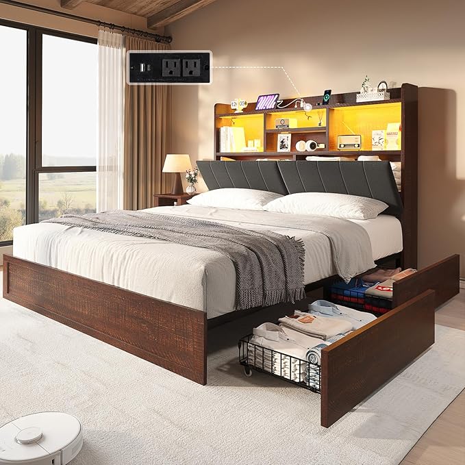 Queen Farmhouse Bed Frame with Bookcase Headboard and 4 Drawers, LED Storage Bed with Charging Station & Linen Upholstered, No Box Spring Needed, Reclaimed Barnwood