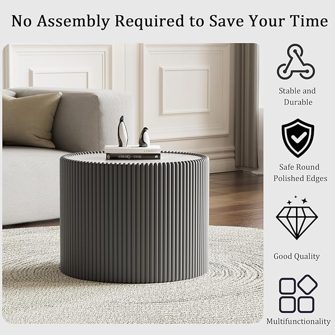 Round Coffee Table Set with Sintered Stone Tabletop, 29.52" White Drum Center Table and 17.71" Grey Coffee Table Set, 2 Pieces Living Room Table Set with Fluted PU Leather Cover& Stable Base