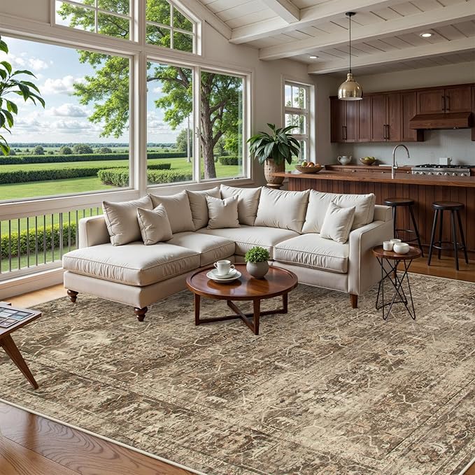 Lahome Vintage 9x12 Washable Brown Rugs for Living Room Bedroom, Boho Dining Room Rugs for Under Table, Soft Non Slip Indoor Throw Carpet for Home Office Playroom (9x12ft,Brown)