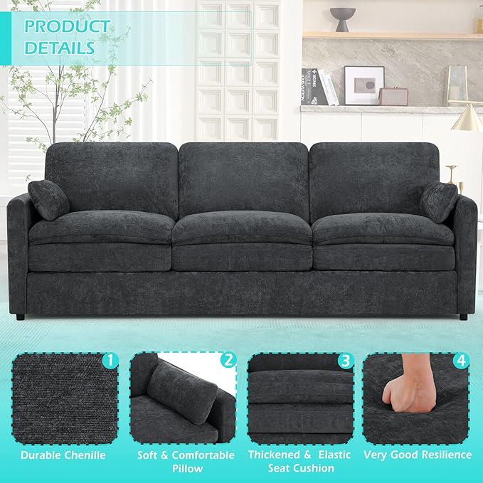 89” Chenille Sofa w/Arm Pillows, Upholstered 3-Seater Sofa w/Comfortable Back Cushions, Modern 3 Seats Couch w/High-Density Foam for Living Room, Apartment, Office, Grey