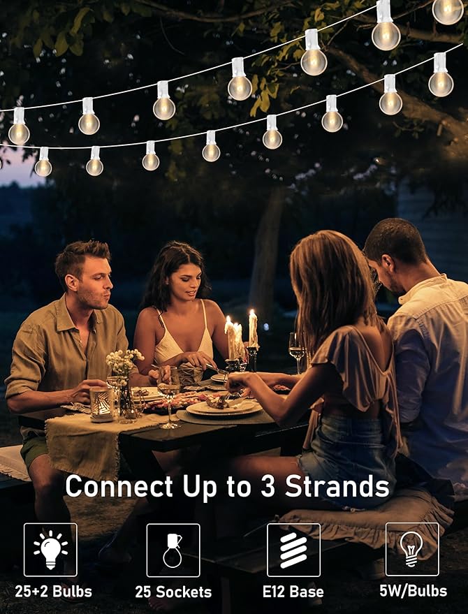 25FT Outdoor White String Lights with 27 Clear Bulbs, G40 Globe Patio String Lights for Indoor/Outdoor, Connectable Hanging Lights for Backyard Porch Balcony Party Decor - White Wire
