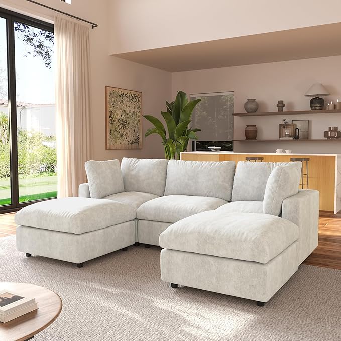 JACH U Shape Sectional Couches for Living Room, Convertible Modular Sofa with Ottomans, Cloud Sectional Couch, Sofa Covers Washable, Minimalist Couch for Living Room, Apartment, Beige