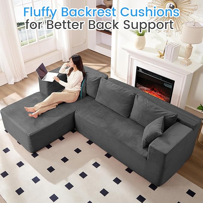 PUREMIND 106" Cloud Sectional Couch for Living Room, Corduroy L Shape Sofa with Deep Seat, Modular Boneless Foam Couch Corner Couches No Assembly Required