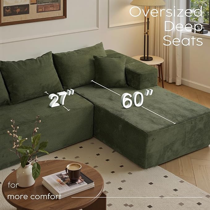 Green Boneless Couches for Living Room – Sectional Cloud Couch in Box, Modular L-Shaped Sofa with Deep Seating for Bedroom Lounge Office, Soft Corduroy Fabric