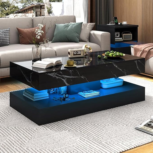 47.2" Large High-Glossy LED Coffee Table with 2 Sliding Drawers, Living Room Storage Coffee Tables with Marbling Print, Modern Stylish Double-Layer Center Tables w/LED Lights, Black