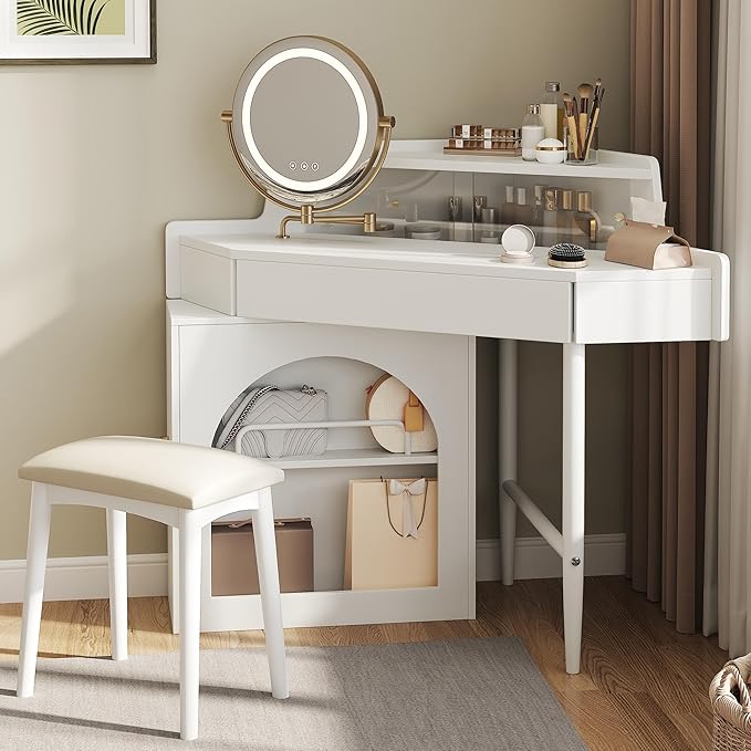Merax Corner Vanity Desk with Mirror & LED Lights & Stool, Modern Makeup Vanity Table with Drawer Shelf Cabinet for Bedroom, Brightness Adjustable Folding Mirror (White)