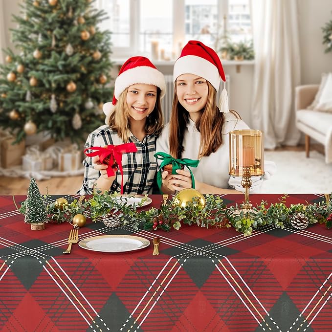 Christmas Tablecloth Rectangular 60x102 Inch Waterproof Table Cloth for 6ft, Washable Polyester Table Cover for Xmas Party, Winter Holiday Home Decoration in Festive Checkered Green 1pack