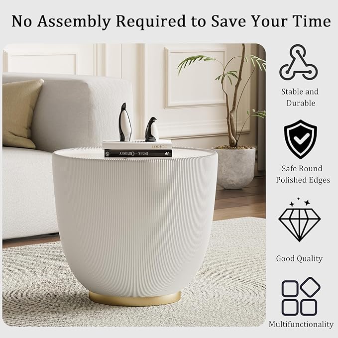 Round Coffee Table Set with Sintered Stone Tabletop, 27.56" White Drum Center Table and 19.69" White Coffee Table Set, 2 Pieces Living Room Table Set with Fluted PU Leather Cover& Metal Base
