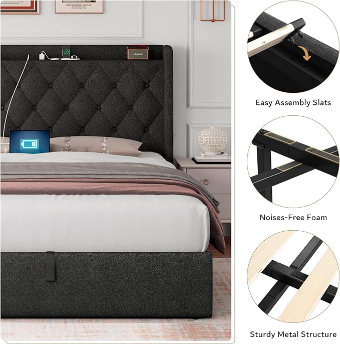iPormis Queen Size Lift Up Storage Bed Frame with Charging Station, Upholstered Platform Bed Frame with Tufted Headboard, Hydraulic Storage, No Box Spring Needed, Noise-Free, Easy Assembly, Dark Grey