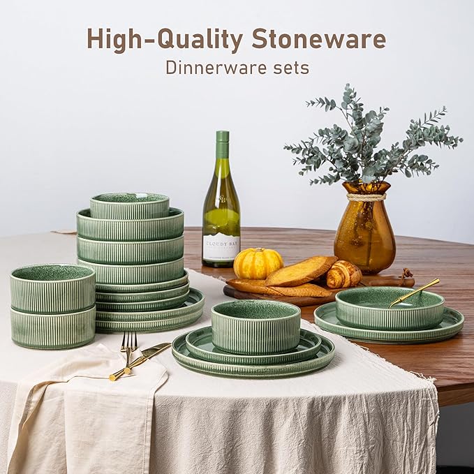 GBHOME Stoneware Dinnerware Sets for 4,Round Reactive Glaze Ceramic Plates and Bowls Set,Highly Scratch Resistant| Dishwasher & Microwave Safe Dishes Set,Service for 4(12Pcs),Dark Green