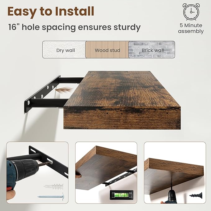20 Inch Floating Shelves for Wall, 8 Inch Deep Floating Shelf for Storage & Display, Wall Mounted Shelf with Invisible Brackets for Living Room, Kitchen, Bathroom, Home Decor, Set of 2, Rustic Brown