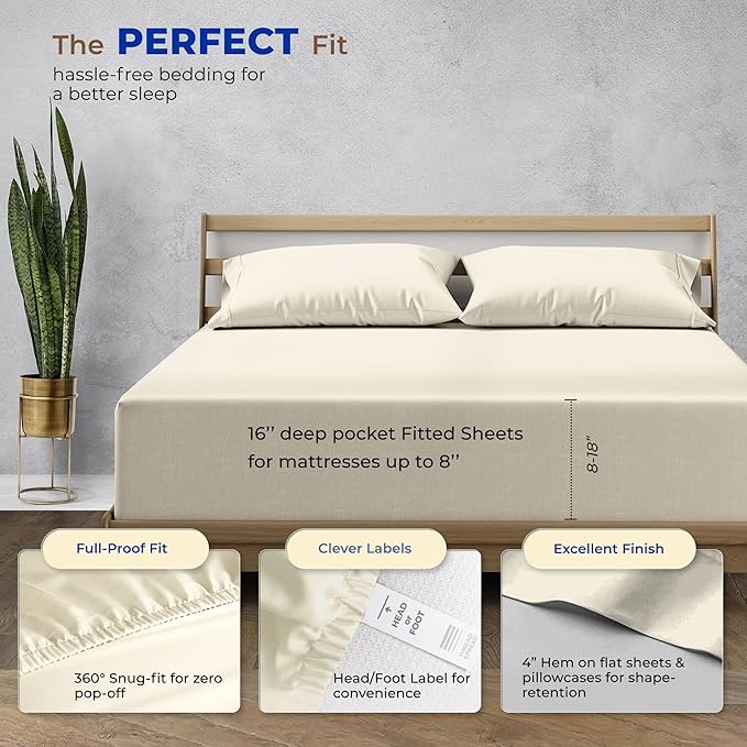 THREAD SPREAD 100% Egyptian Cotton King Size Sheets Set - High Thread Count Bed Sheets King Size Deep Pocket 16" (4 PC, Ivory), Soft, Cooling, Extra Long Staple Sateen Luxury Hotel Sheet Set