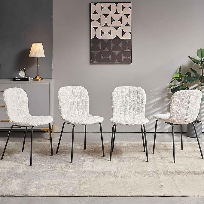 Dining Chair Upholstered Set of 4, Modern Home Kitchen Chairs Boucle Tufted Living Room Chairs with Backrest, Comfy Side Chair with Black Metal Legs
