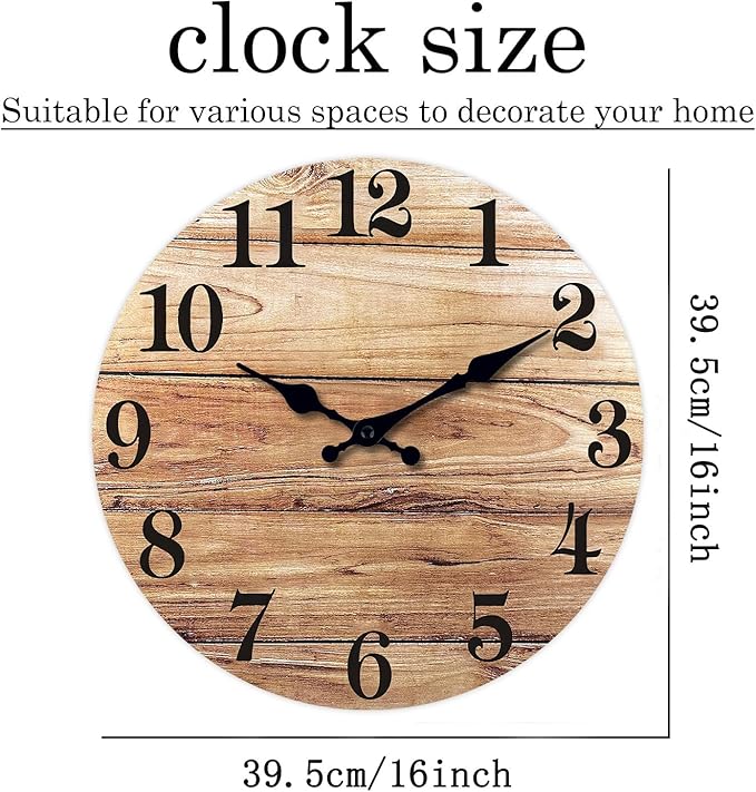 XNM Brown Wood Clock Battery Operated 16 Inch Large Wall Clocks for Living Room Decor Farmhouse Wall Clock Slient(MDF No Solid Wood)