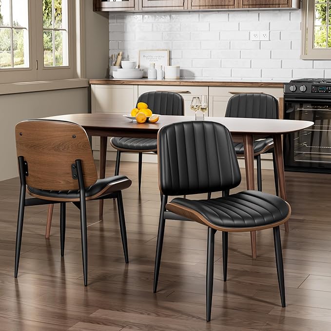 Dining Chairs Set of 2, Mid-Century Modern Upholstered PU Leather Chairs with Walnut Bentwood Back and Metal Legs Adjustable Feet for Kitchen Dining Living Room, Dark Black Vertical Stripes
