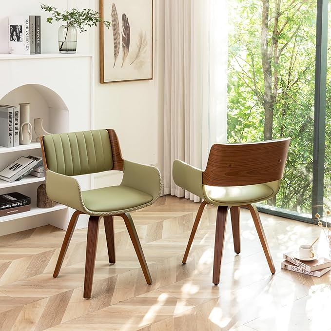 LUNLING Swivel Accent Faux Leather Dining Chairs Set of 4,Mid Century Modern Chairs with Wooden Legs/Armrest/Upholstered Seat/Adjustable Foots for Kitchen Dining Room Desk Chairs,Green