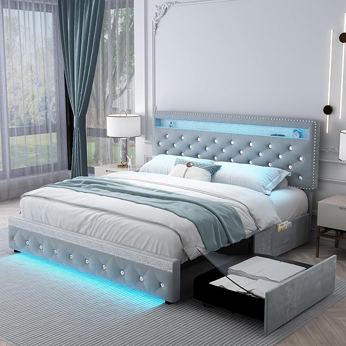 King Led Bed Frame with 2 Drawers, Modern Platform Bedframe with Adjustable Upholstered Crystal Button Tufted Headboard and Storage, No Box Spring Needed, Noise-Free, Easy Assembly, Velvet Grey